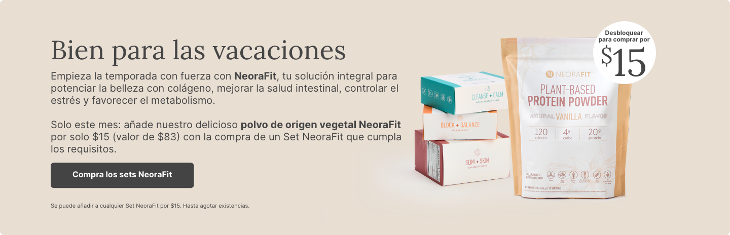 Holiday wellness promotion with a NeoraFit Plant-Based Protein Powder bag shown with a filled shaker bottle. Limited-time $15 offer ($83 value) when purchased with qualifying NeoraFit sets.